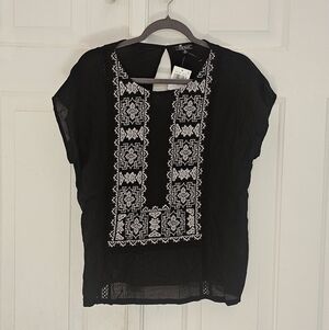 Lucky Brand Top Black/White Boho Print Linen M